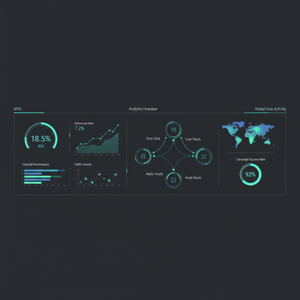 Marketing analytics dashboard with KPI charts, conversion graphs, and data visualization elements showing ROI metrics