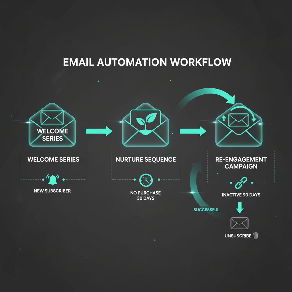 Email automation workflow diagram showing welcome series, nurture sequence, and re-engagement campaign stages