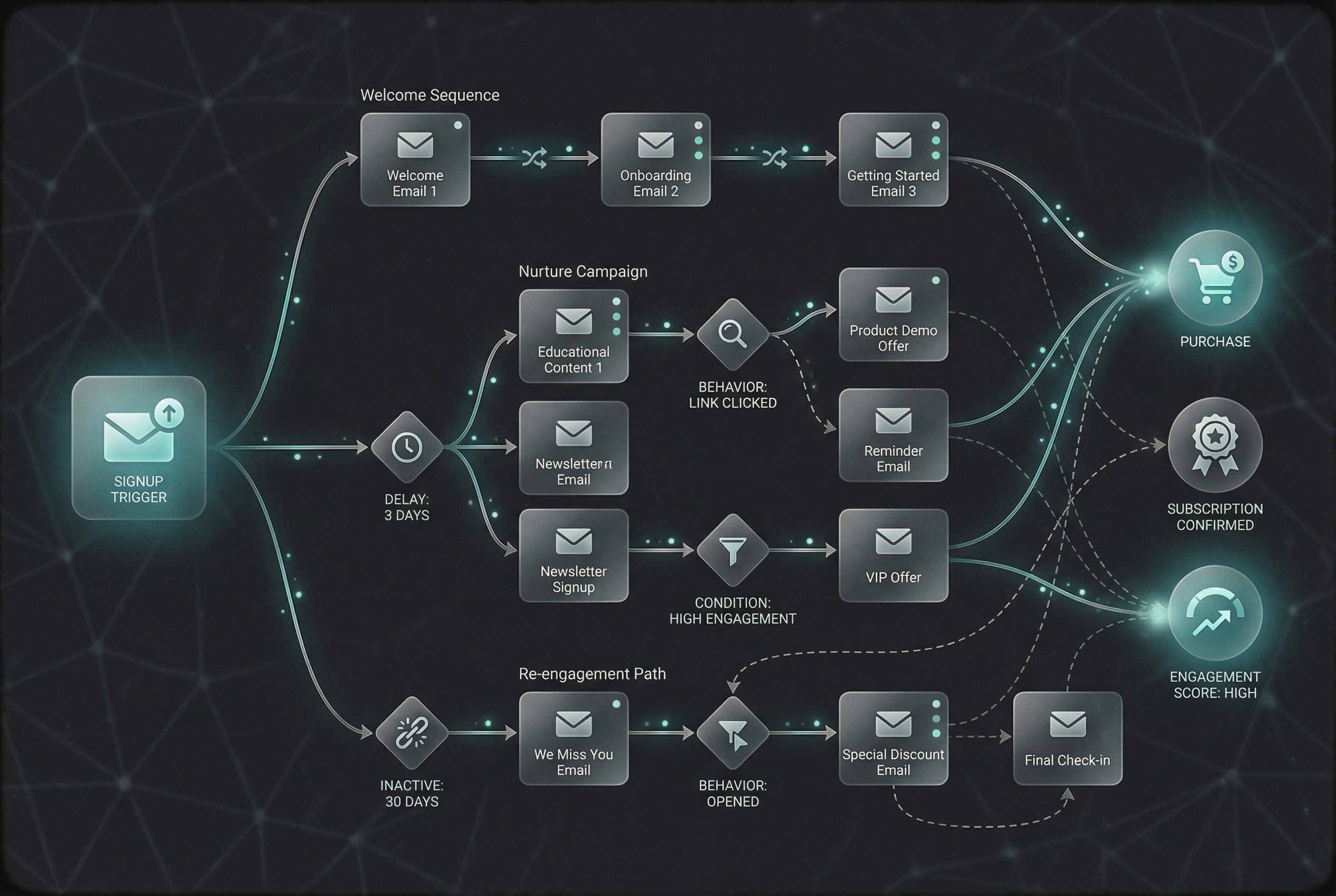 Email marketing visualization showing an inbox with high engagement metrics and automated email sequences flowing to subscribers