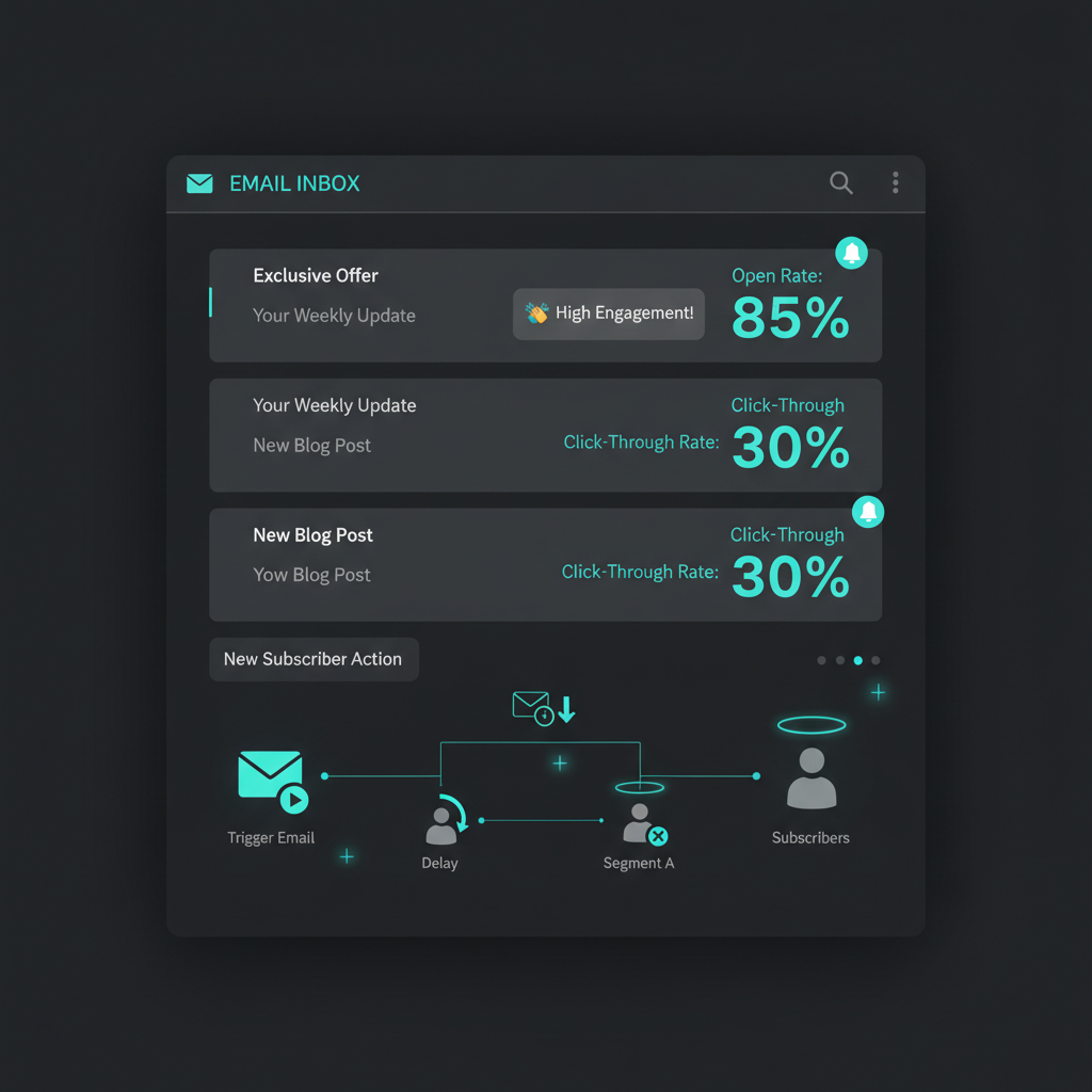 Email marketing visualization showing an inbox with high engagement metrics and automated email sequences flowing to subscribers