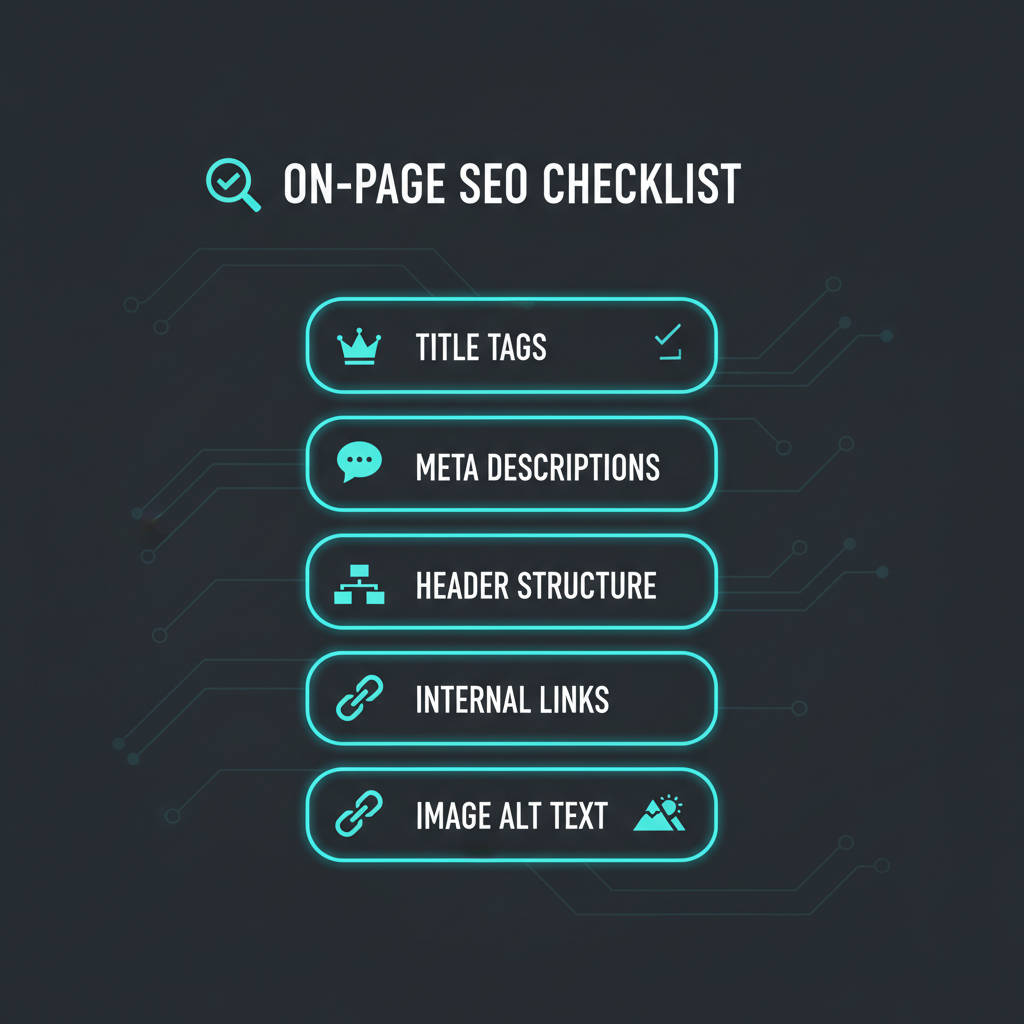 On-page SEO checklist showing essential optimization elements including title tags, meta descriptions, headers, and internal links