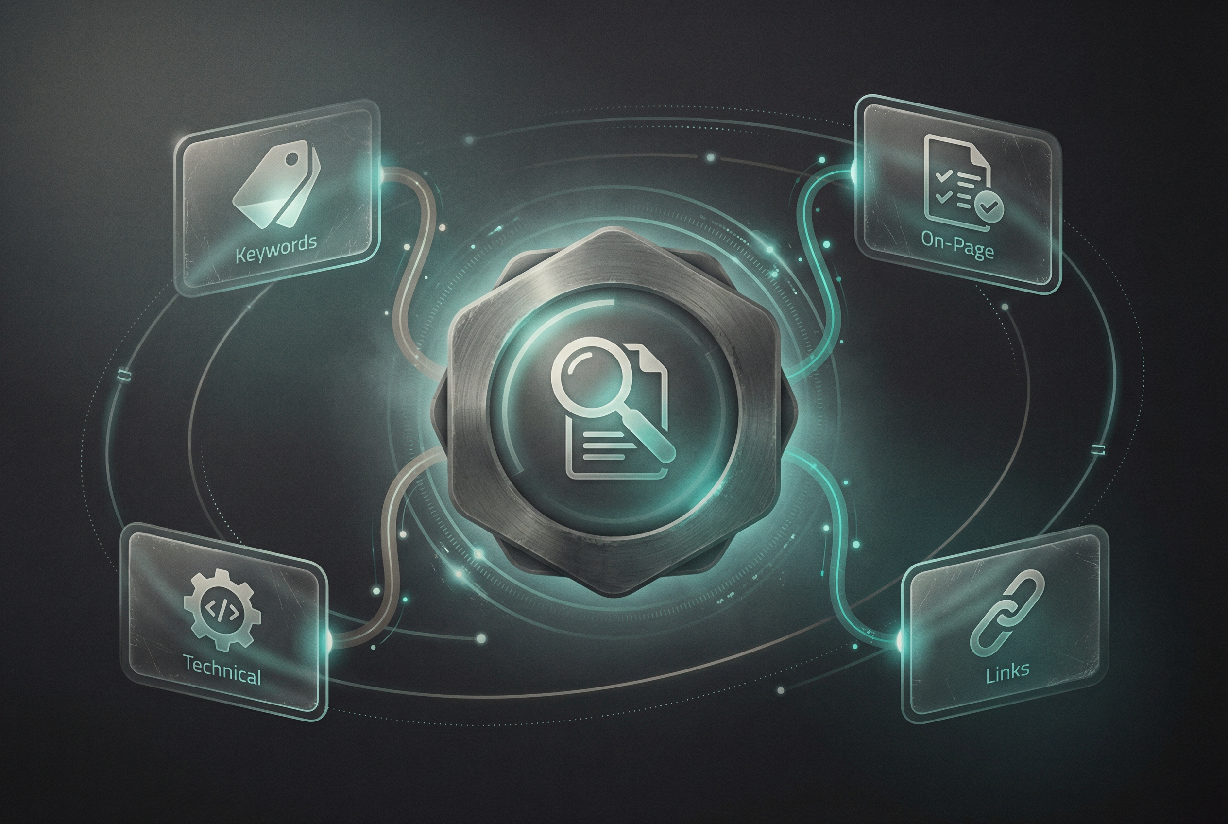 SEO fundamentals concept illustration showing a magnifying glass examining search engine results with keywords and ranking arrows