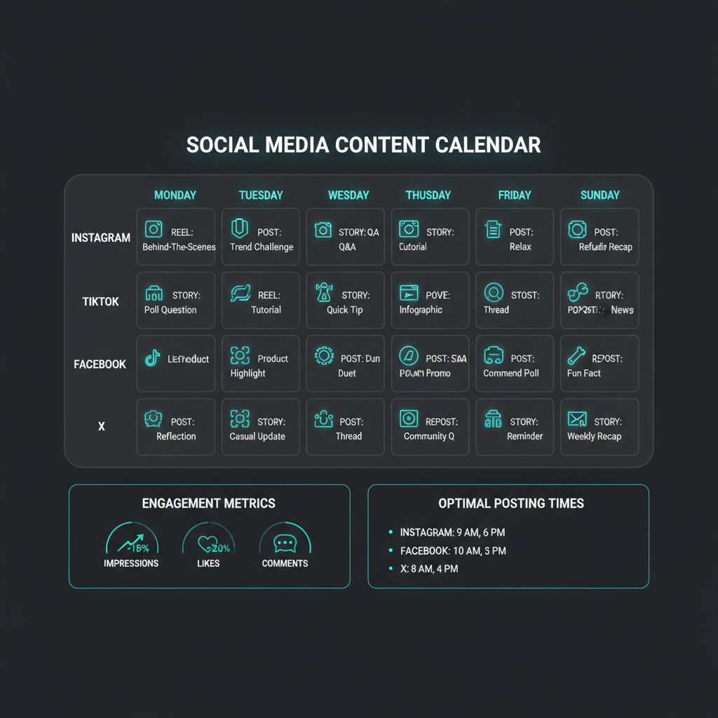 Social media content calendar showing weekly posting schedule with different content types across platforms