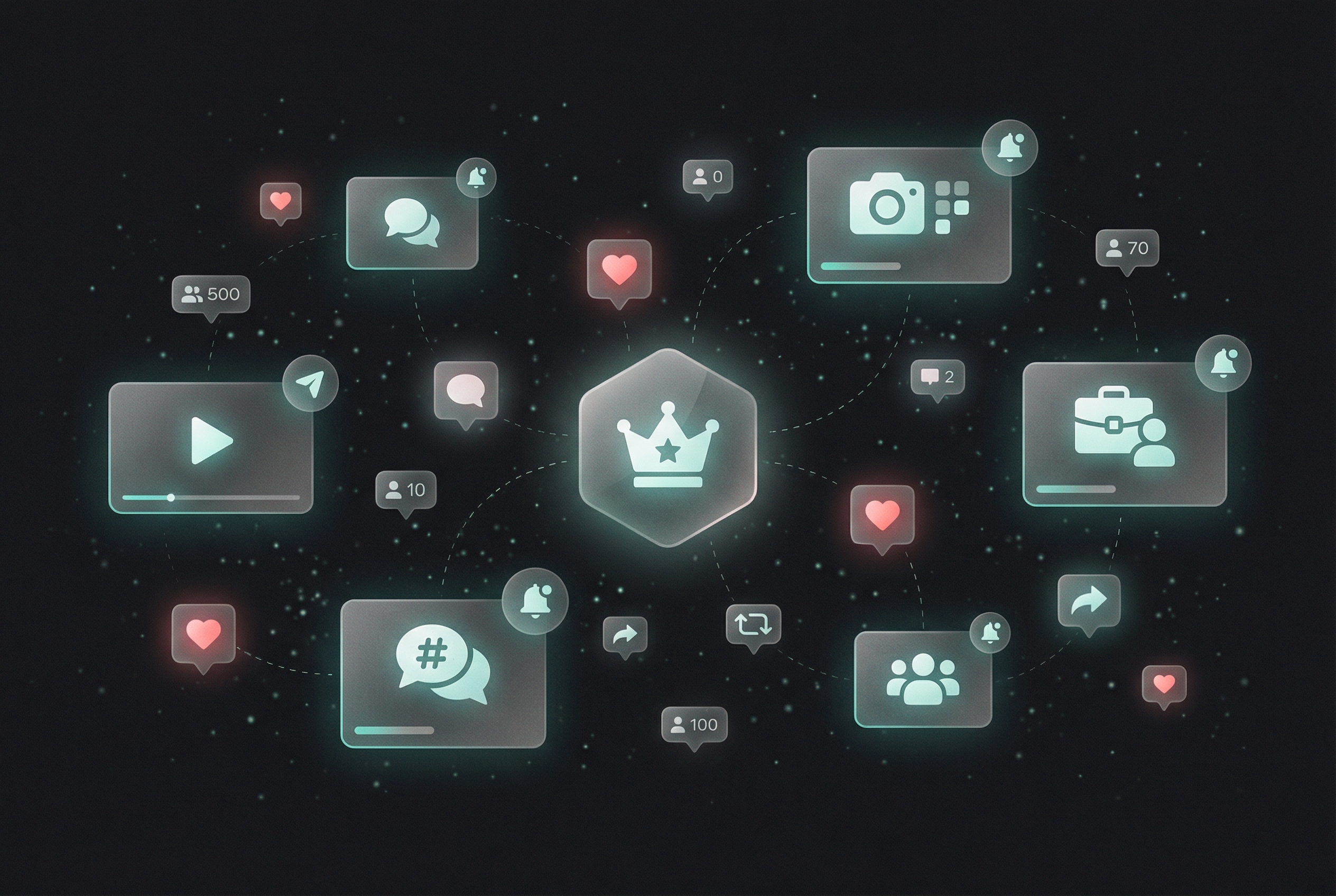 Social media marketing visualization showing interconnected platform icons with engagement metrics and community building elements