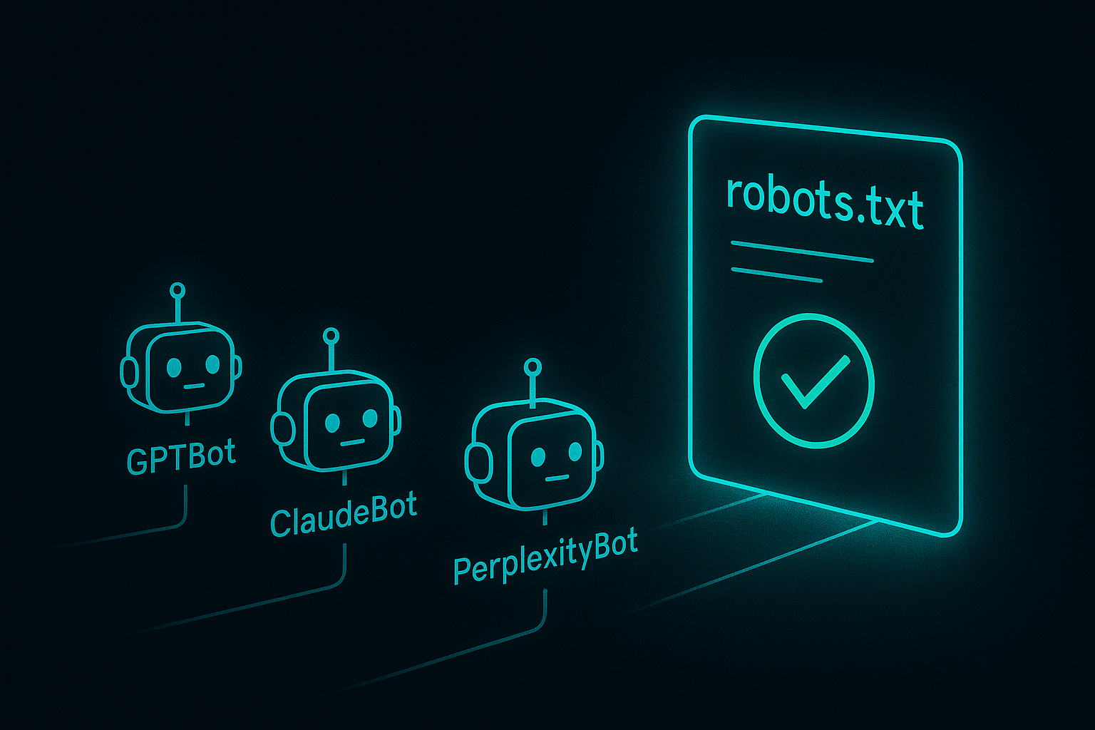AI crawler bots GPTBot, ClaudeBot, and PerplexityBot checking a site's robots.txt for access