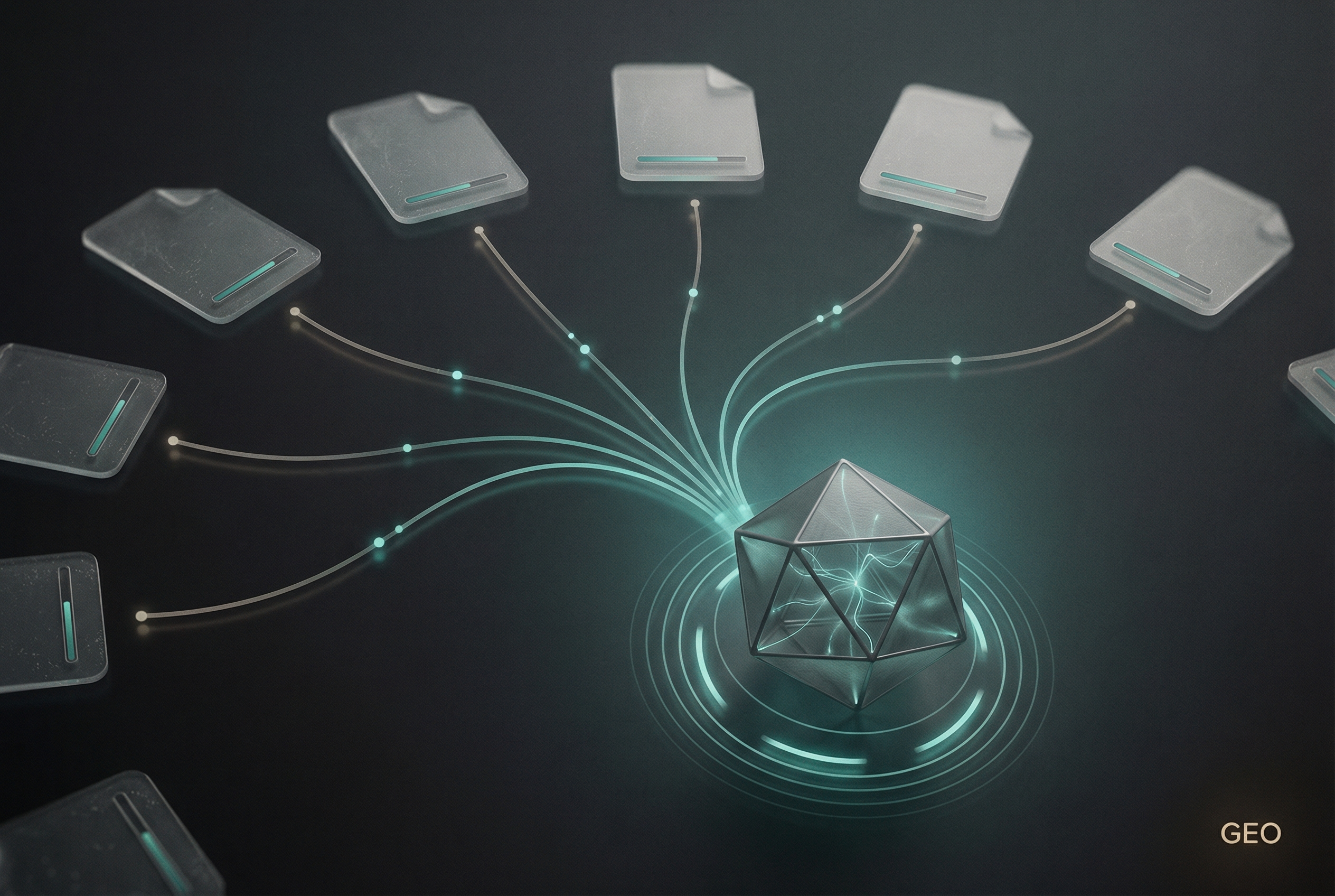 GEO visualization showing document nodes with authority bars converging along curved teal pathways toward a central crystalline polyhedron with fiber-optic core, representing how AI search engines synthesize and cite multiple authoritative sources